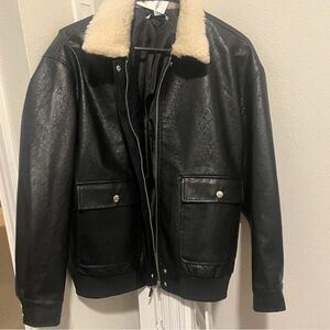 Women's Black Bomber Jacket with Cream Collar